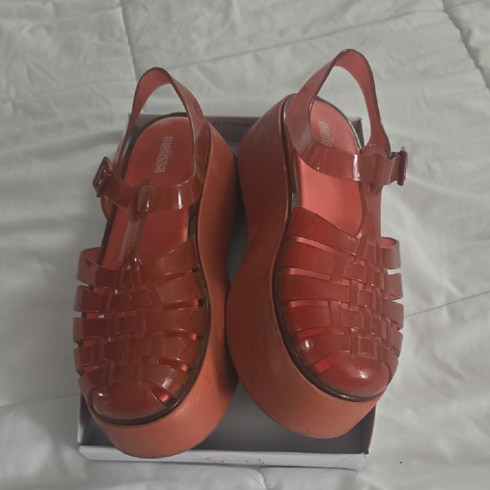 Melissa Orange Platform Shoes with Ankle Straps - Size 8